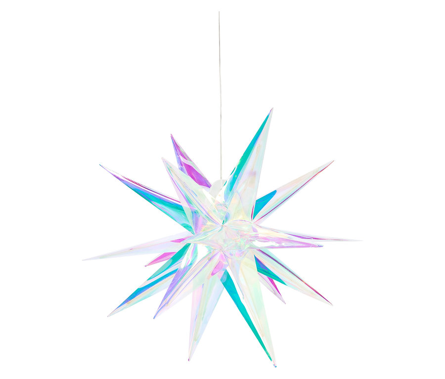 Étoile holographique suspendue avec des pointes violettes, bleues et vertes.
