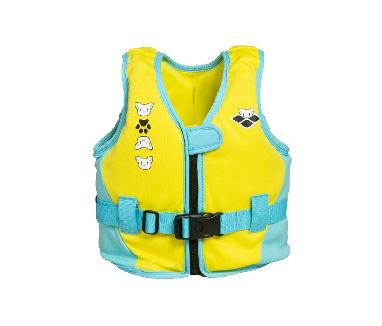 Gilet de natation jaune et bleu arena Friends avec fermeture éclair et imprimé de patte.