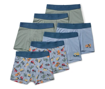 Six boxers pour garçons dans les tons vert et bleu avec imprimé de véhicules de chantier.