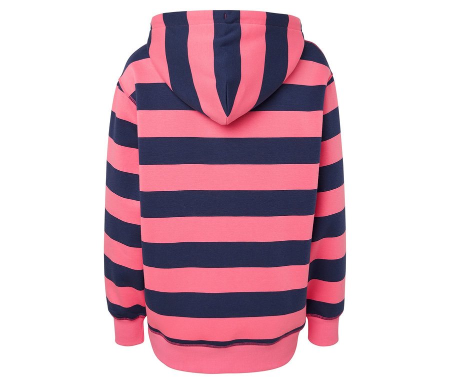 Vue arrière d'un sweat à capuche rayé rose et bleu marine.