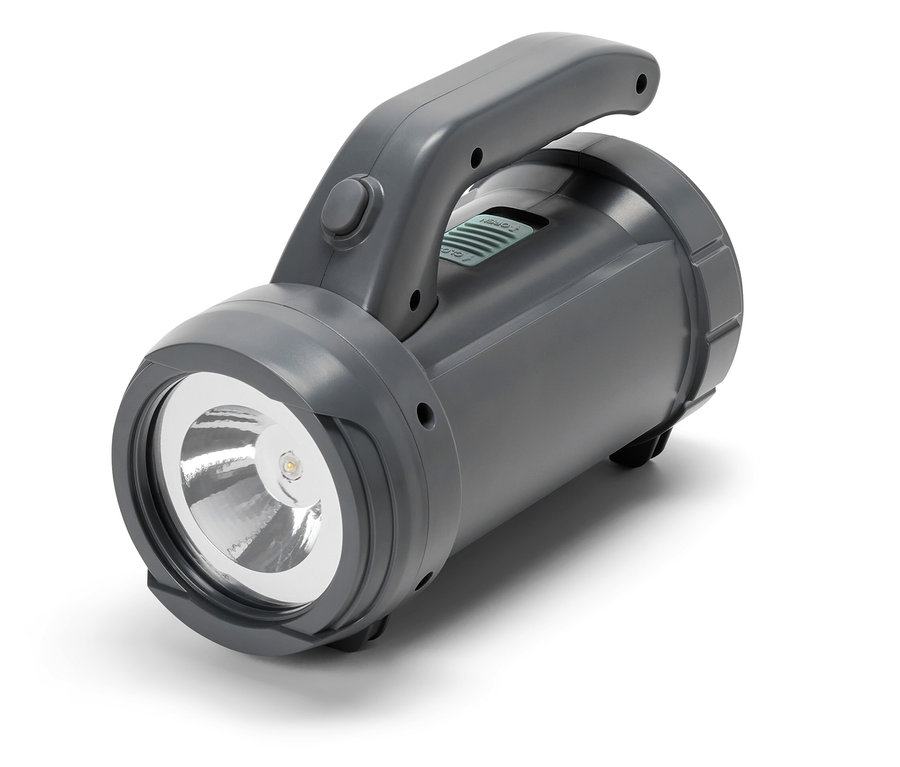 Lampe multifonction LED 17-en-1 grise avec poignée et interrupteur.