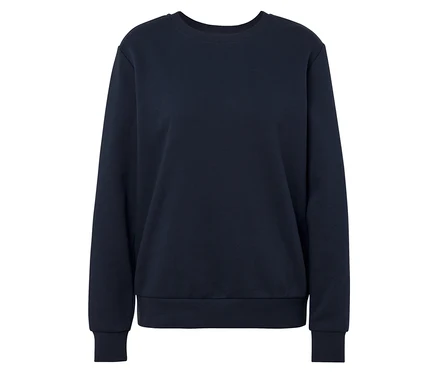 Pull bleu marine à manches longues sur fond blanc.