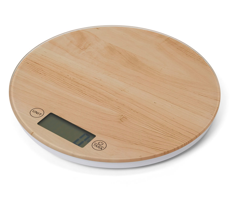 Balance de cuisine ronde avec surface en bambou et bord blanc.