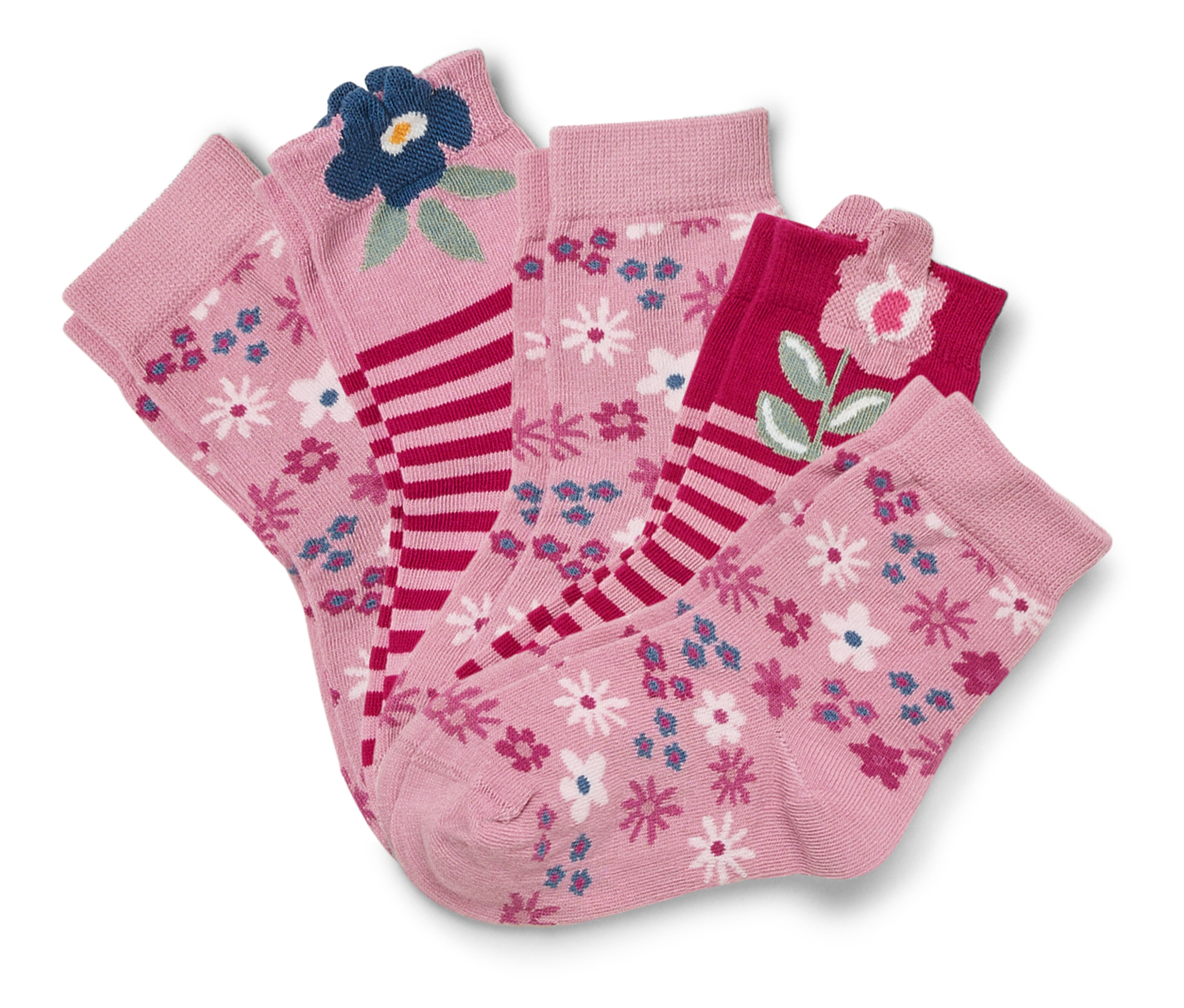Quatre paires de chaussettes roses avec des motifs floraux.
