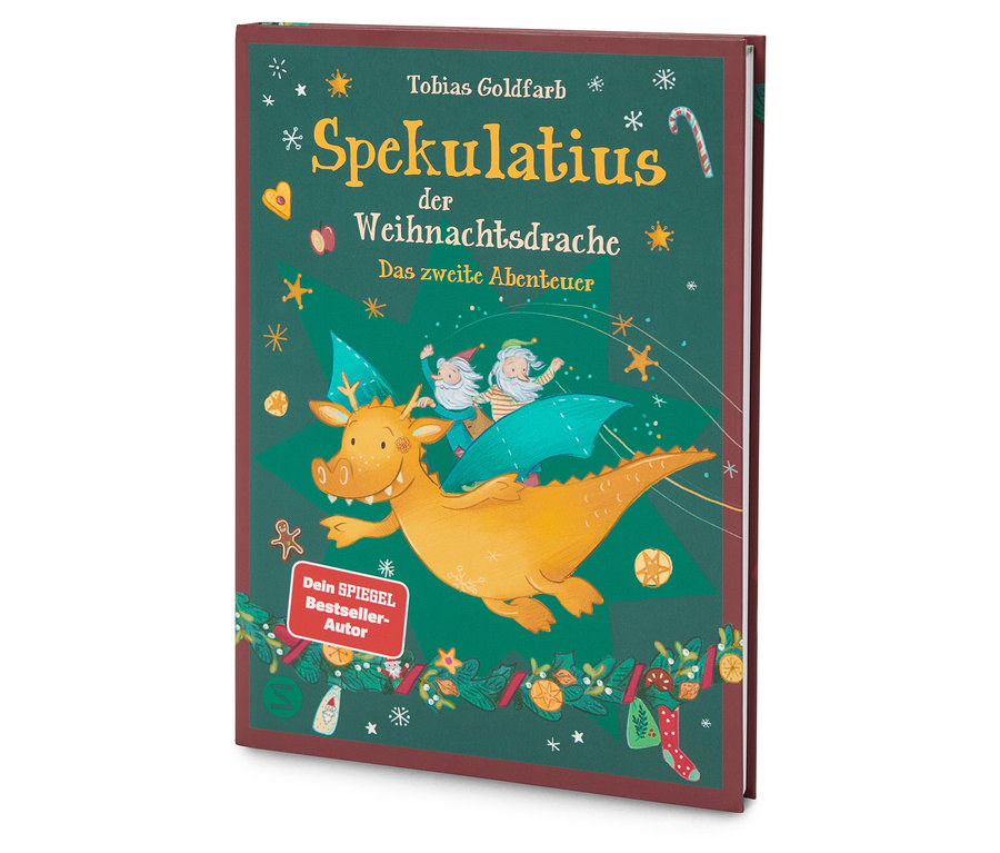 Illustration du livre Spekulatius der Weihnachtsdrache avec un dragon et deux personnages.
