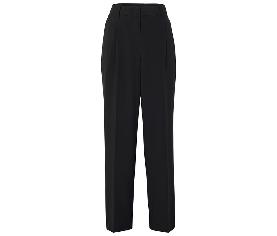 Pantalon noir taille haute avec jambe large.