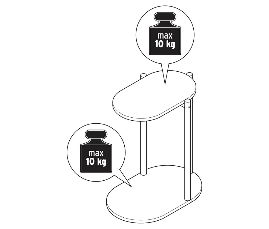 Dessin d'une table à deux étages, chaque étage ayant une capacité de charge maximale de 10 kg.