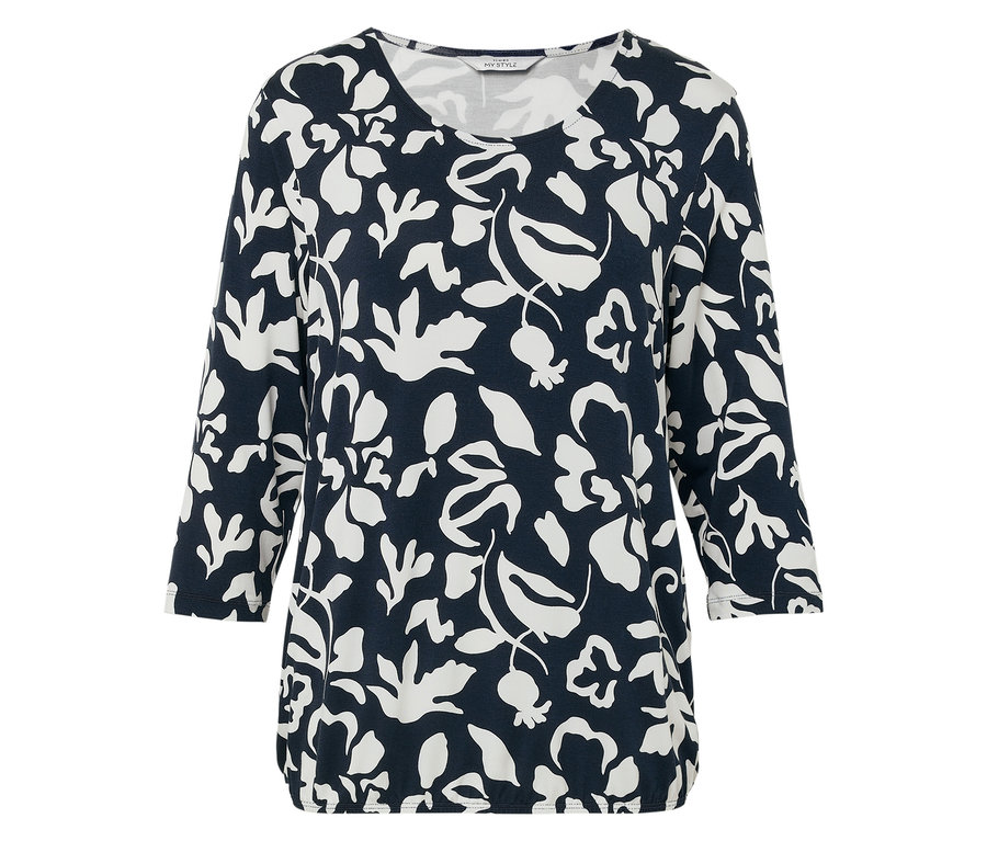 Haut à manches trois-quarts pour femme, bleu marine avec motifs floraux blancs.