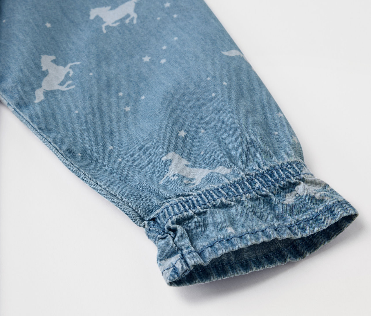 Détail de la manche d'une robe en jean pour enfant avec des motifs de chevaux et d'étoiles.