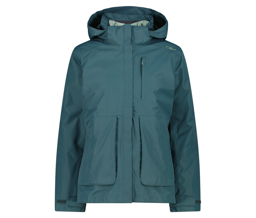 Veste turquoise avec capuche et poches.