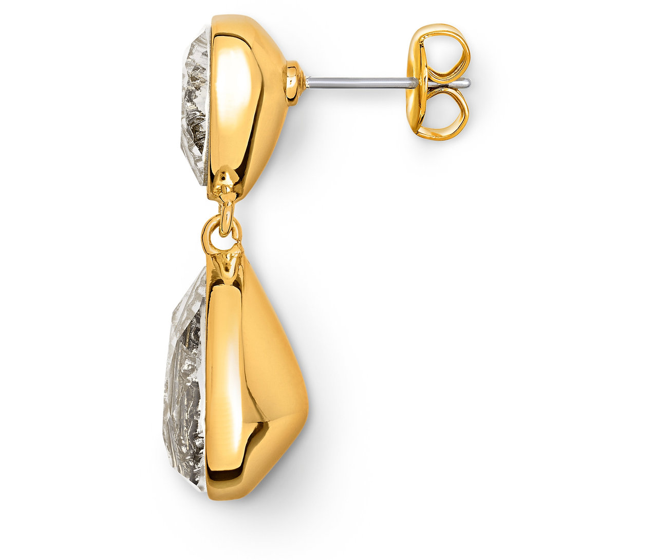 Gros plan d'une boucle d'oreille dorée avec une pierre transparente.