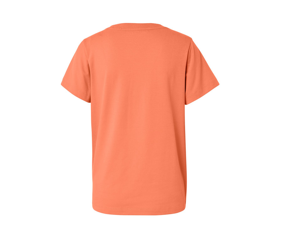 Vue arrière d'un t-shirt orange avec imprimé.
