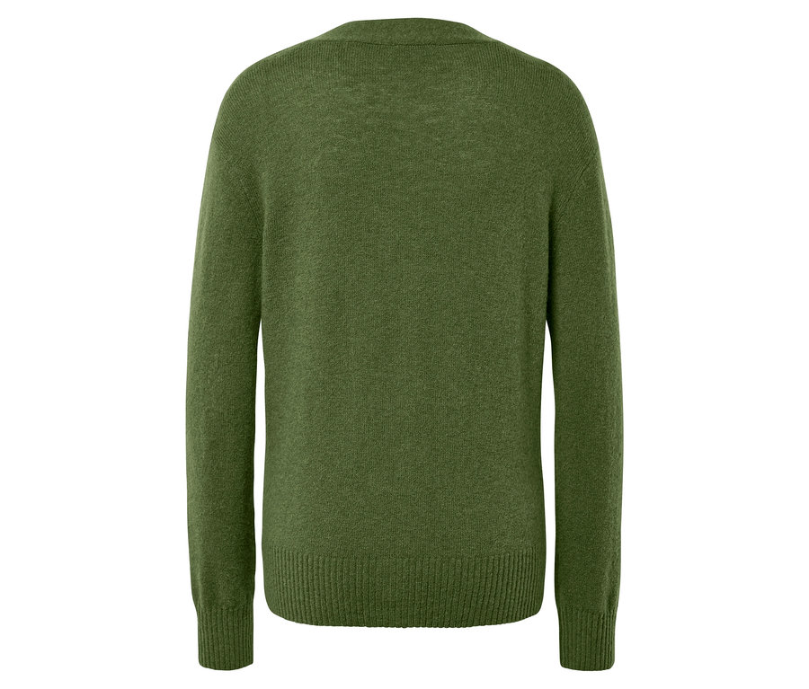 Vue arrière d'un pull à manches longues vert olive.