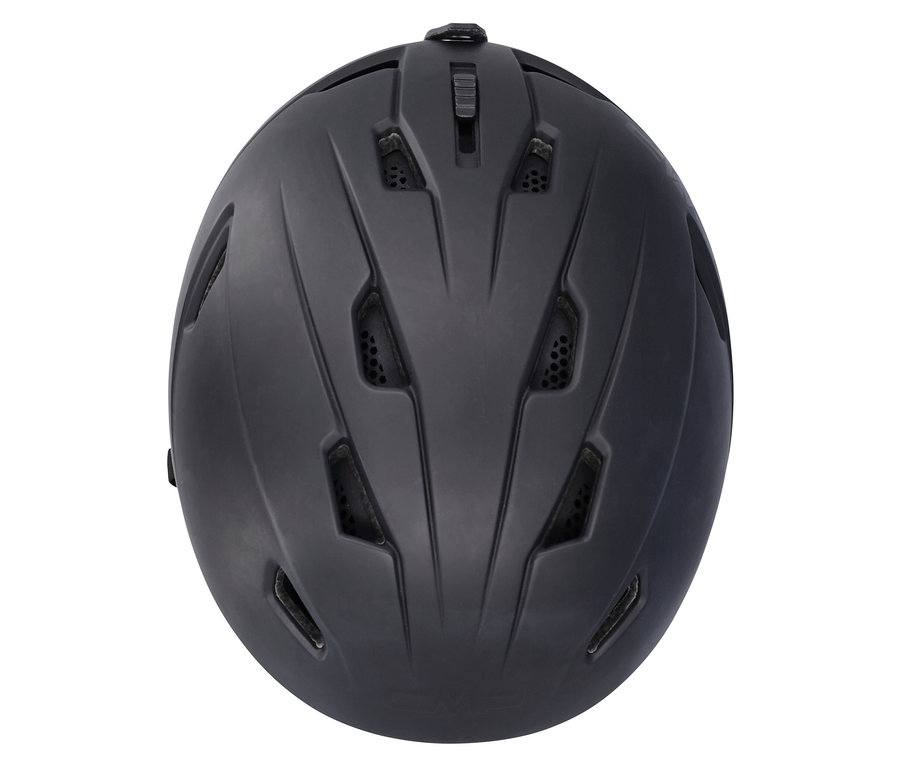 Vue de dessus d'un casque noir avec des orifices de ventilation.