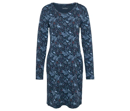 Robe bleue à manches longues avec motif d'arbres et d'animaux.