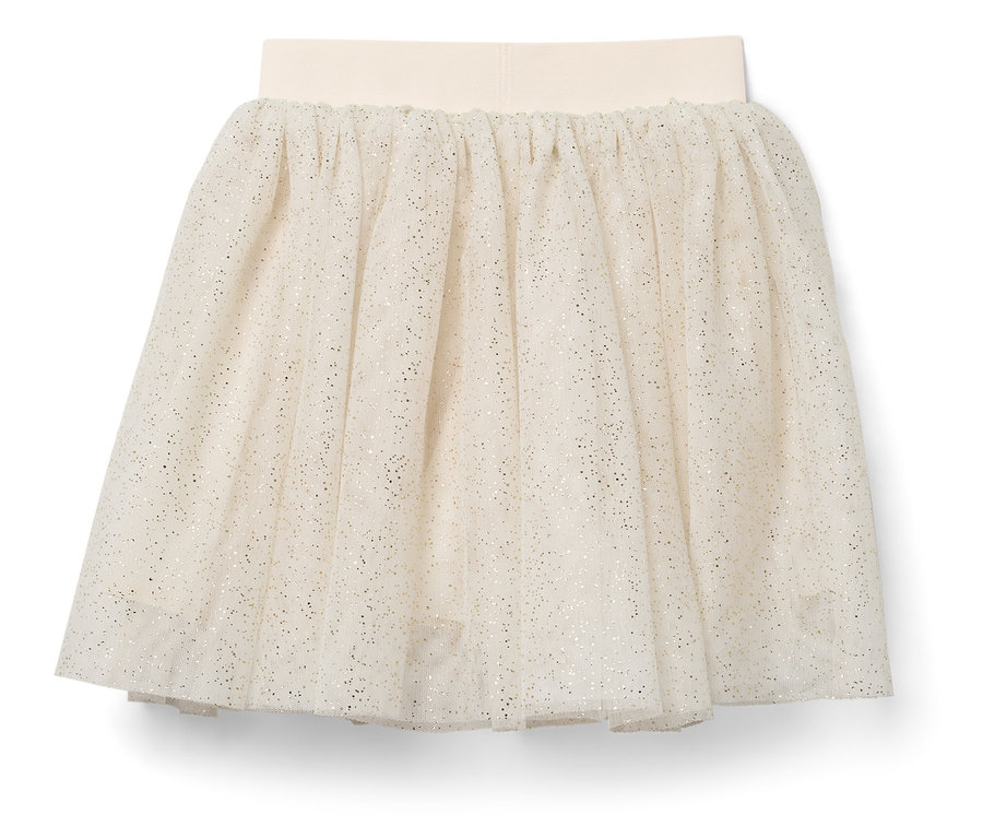 Une jupe en tulle crème avec une taille élastique et des détails scintillants.