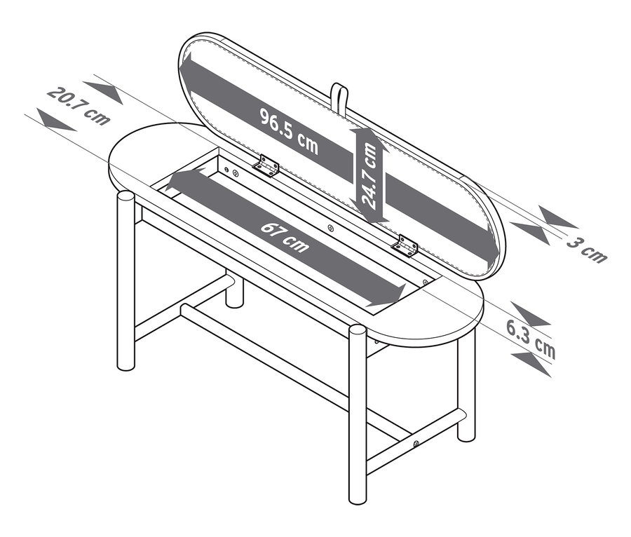 Illustration d'un banc avec rangement, couvercle ouvert et dimensions mises en évidence.