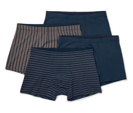 Quatre boxers pour hommes : deux bleus, un bleu-gris rayé et un marron-gris rayé.