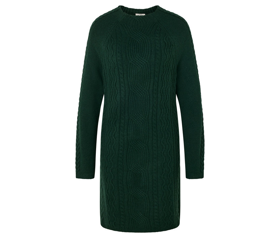 Une robe en maille verte à manches longues avec un motif torsadé.