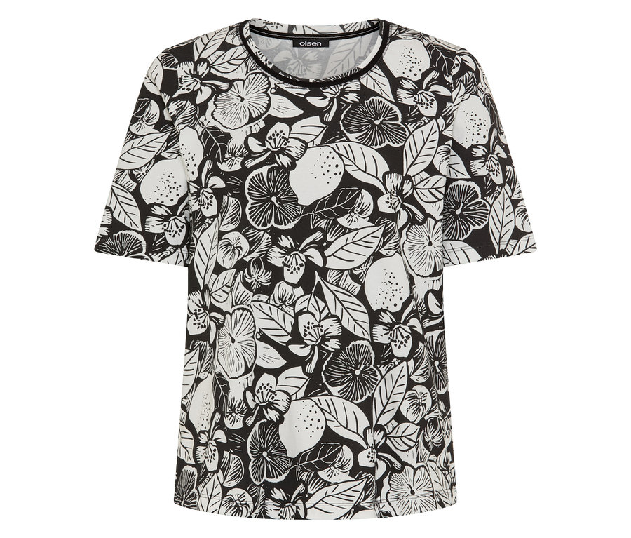 T-shirt Olsen avec motif floral et feuilles en noir et blanc.