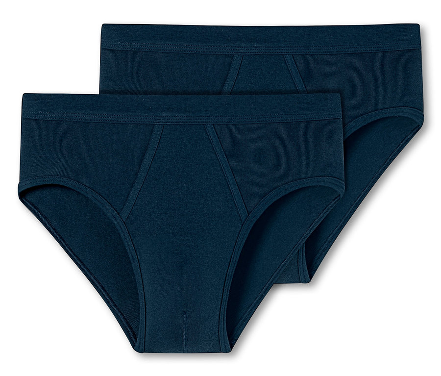 Deux slips de sport SCHIESSER bleu marine superposés.