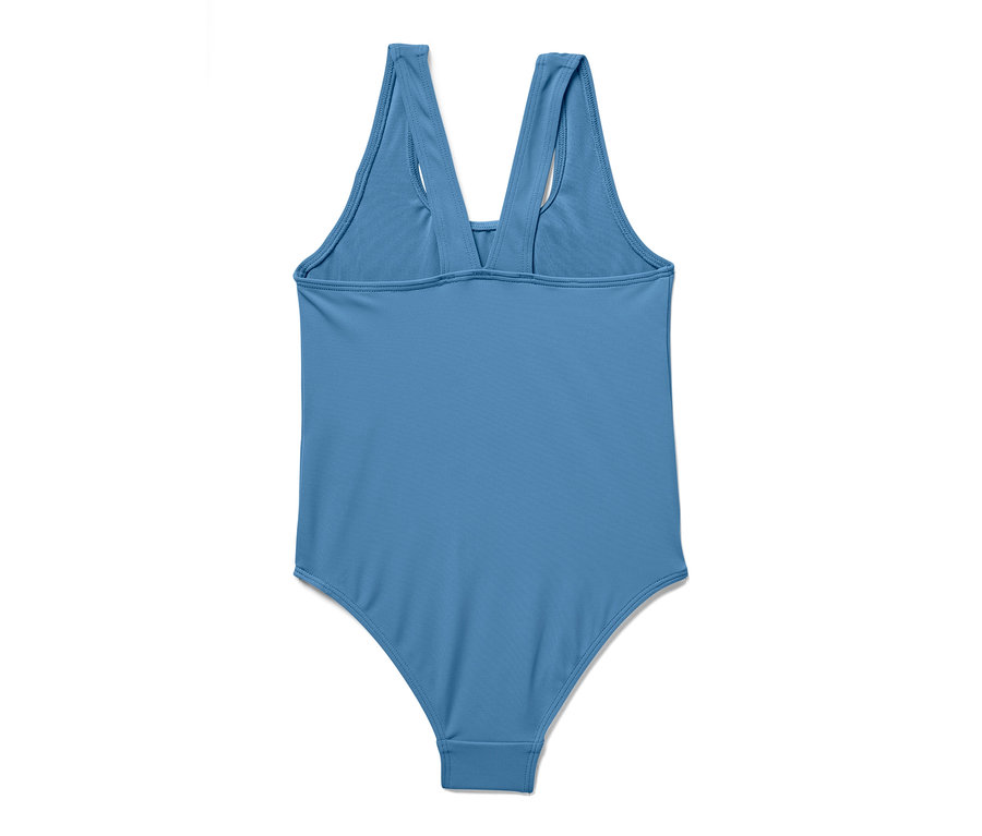 Maillot de bain bleu pour enfant avec paillettes réversibles, vu de dos.
