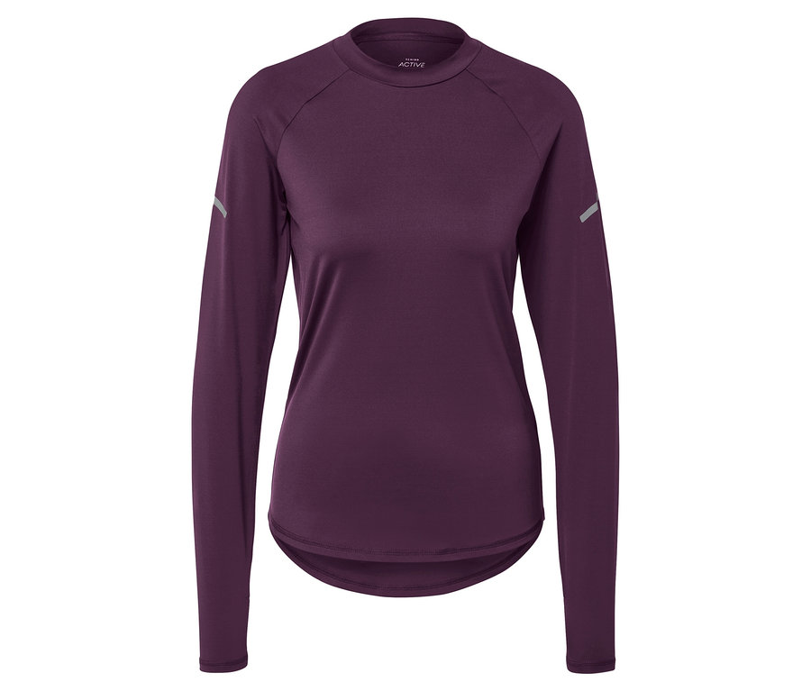 T-shirt de sport violet à manches longues sur fond blanc.