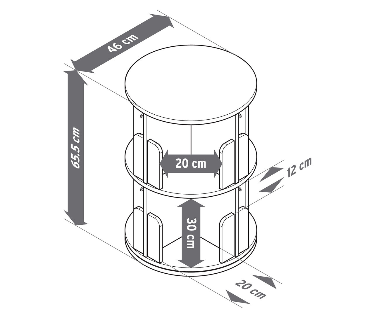 Illustration d'une bibliothèque pivotante à 2 niveaux avec des mesures.