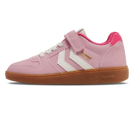 Baskets roses hummel® Handball Perfekt CL JR avec rayures blanches et fermeture velcro.