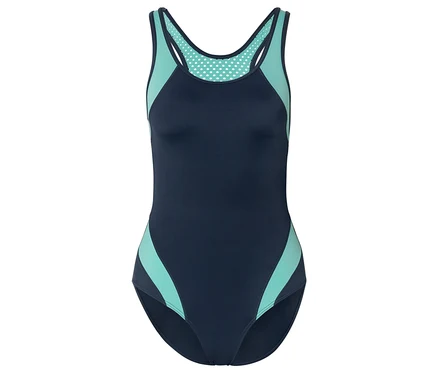 Maillot de bain bleu marine avec des accents turquoise sur les côtés et les bretelles.