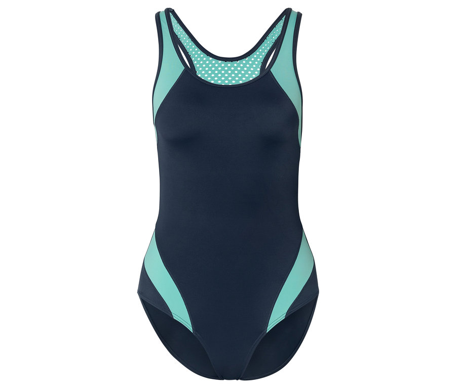 Maillot de bain bleu marine avec des accents turquoise sur les côtés et les bretelles.