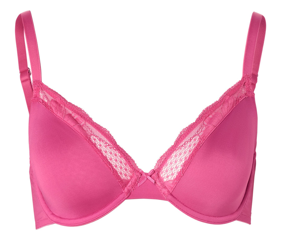 Soutien-gorge rose avec dentelle et bretelles réglables.