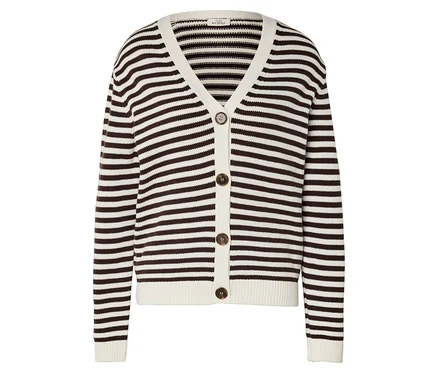 Gilet rayé crème à col en V avec des boutons marron.