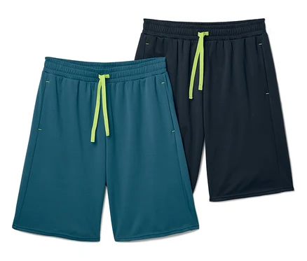 Deux shorts, un bleu pétrole et un bleu marine, avec des cordons de serrage de couleur néon.