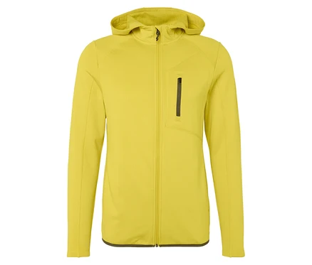 Veste fonctionnelle jaune avec capuche et fermeture éclair.