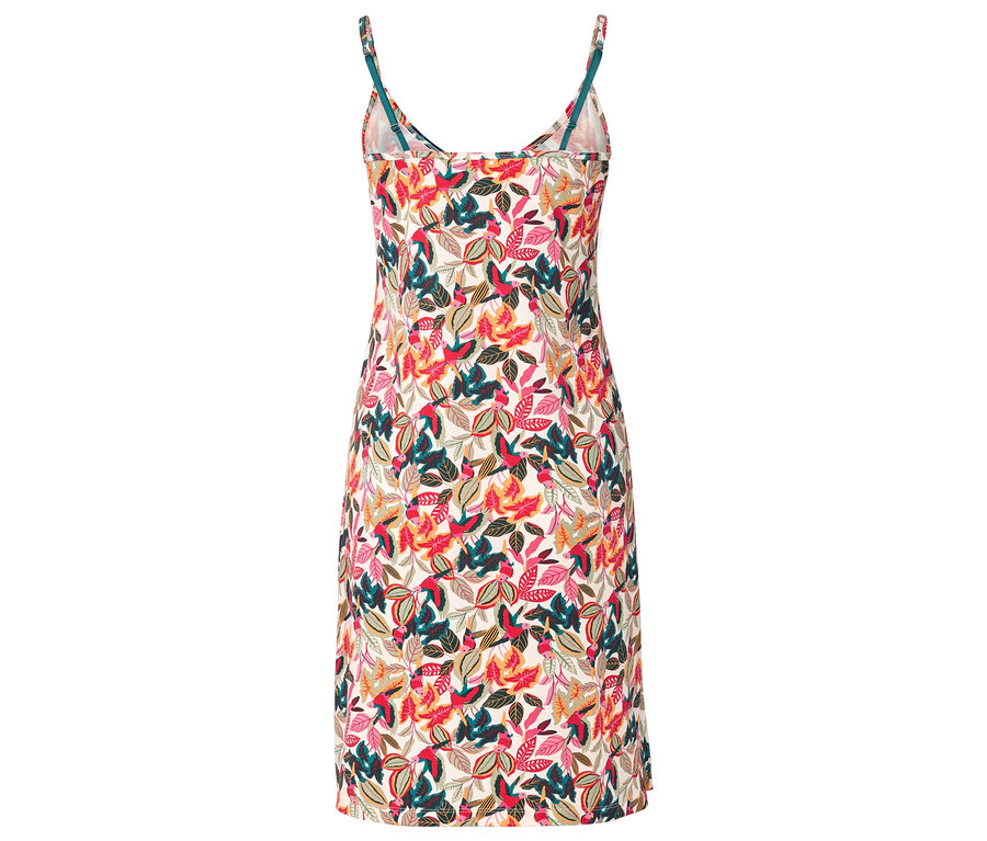 Vue arrière d'une robe sans manches à bretelles avec un motif de feuilles colorées.