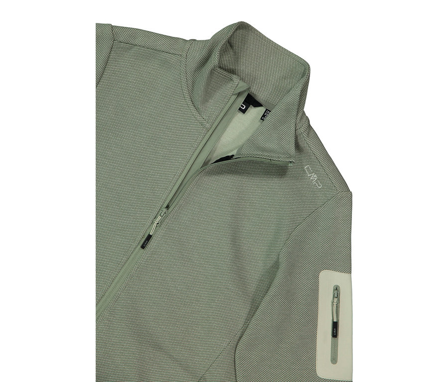 Gros plan d'une veste CMP vert clair avec fermeture éclair et col.