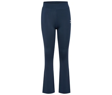 Un collant évasé taille haute hummel® HMLJR bleu marine est posé sur un fond blanc.