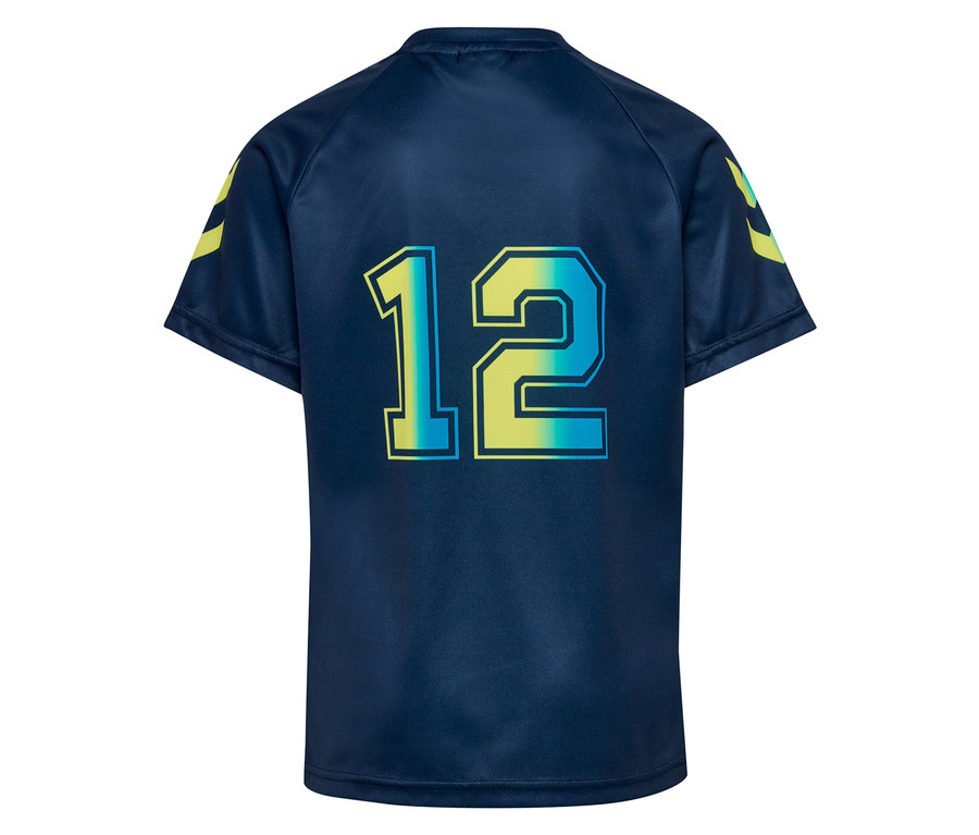 Vue arrière d'un maillot bleu marine avec le numéro 12 en jaune-vert.