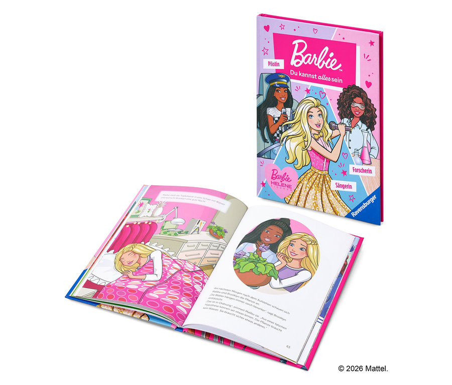 Livre Barbie ouvert montrant Barbie comme pilote, chanteuse et scientifique.