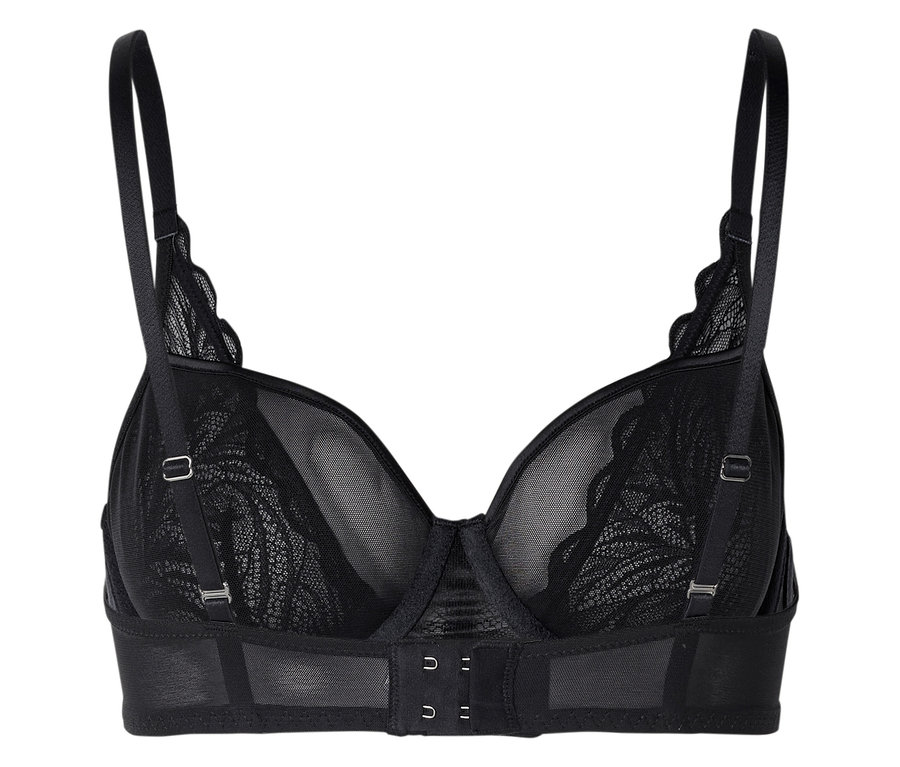 Soutien-gorge noir avec bretelles réglables, armatures, fermeture à agrafes et dentelle.