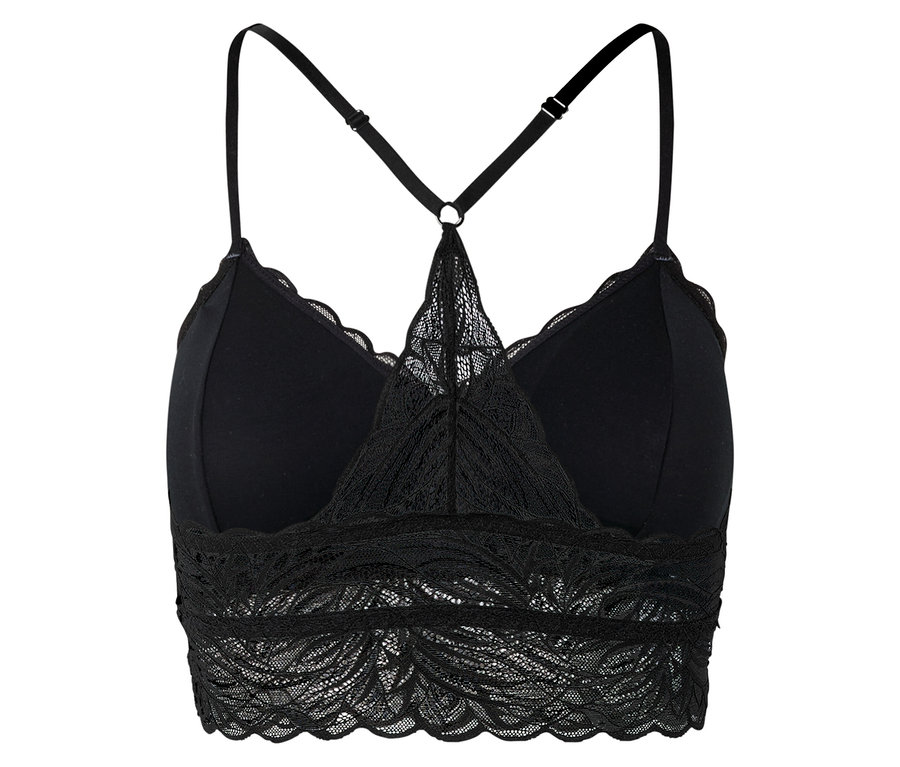 Bralette noire avec bretelles spaghetti, finitions en dentelle et dos nageur.