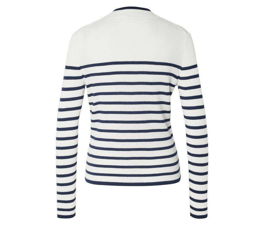 Vue arrière d'un pull cintré blanc à rayures horizontales bleu marine et à manches longues.