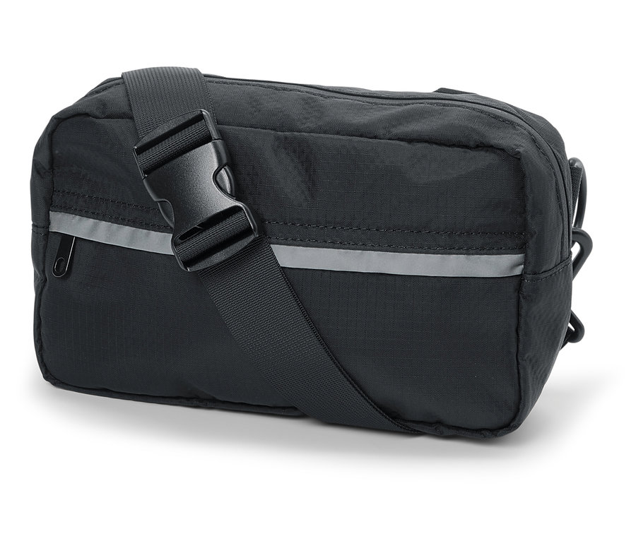 Sac banane noir avec bandoulière réglable et bande réfléchissante.