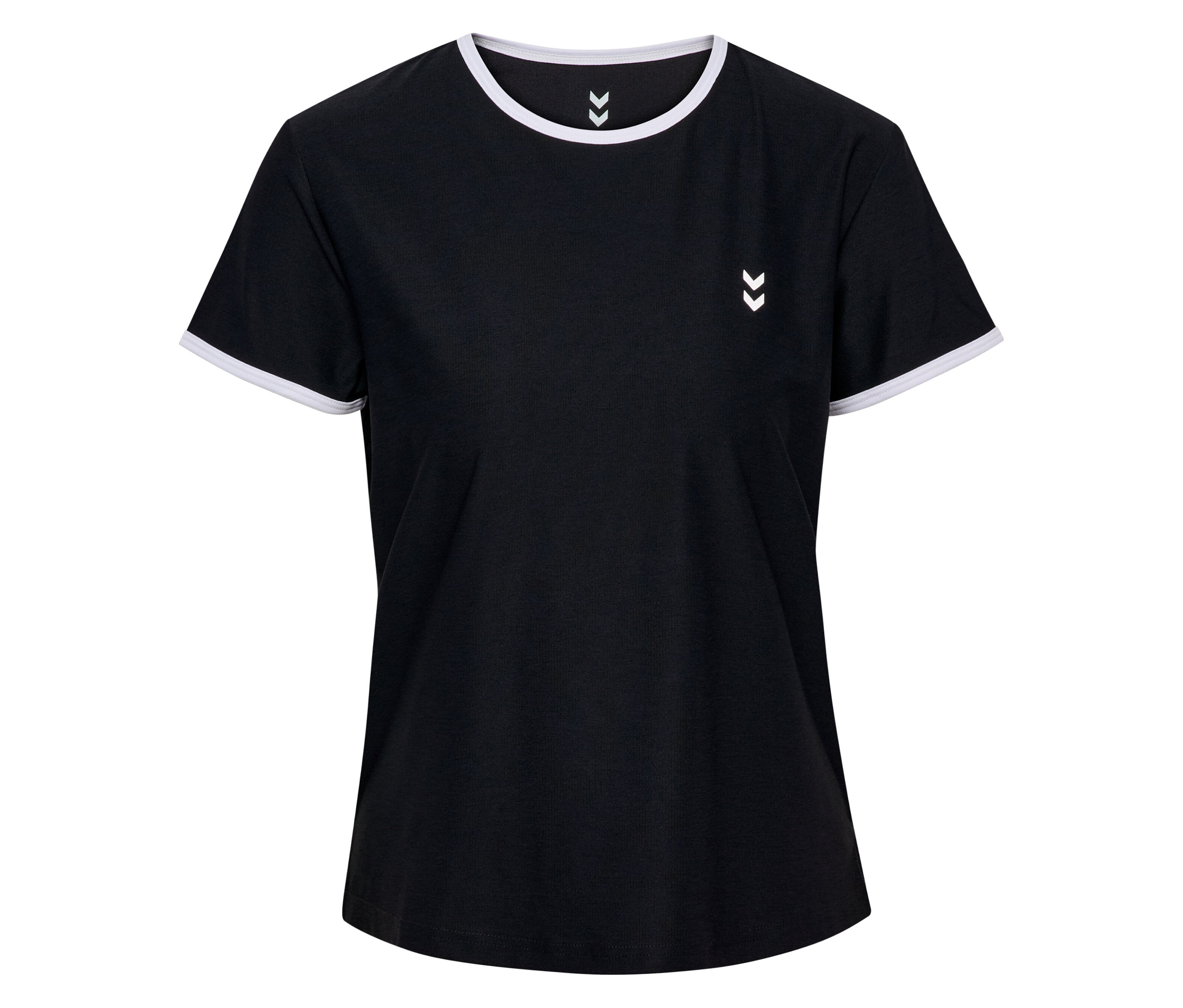 Le t-shirt HUMMEL pour femme est noir avec des accents blancs sur les manches et le col, et un logo blanc sur la poitrine.