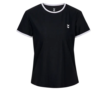 Le t-shirt HUMMEL pour femme est noir avec des accents blancs sur les manches et le col, et un logo blanc sur la poitrine.
