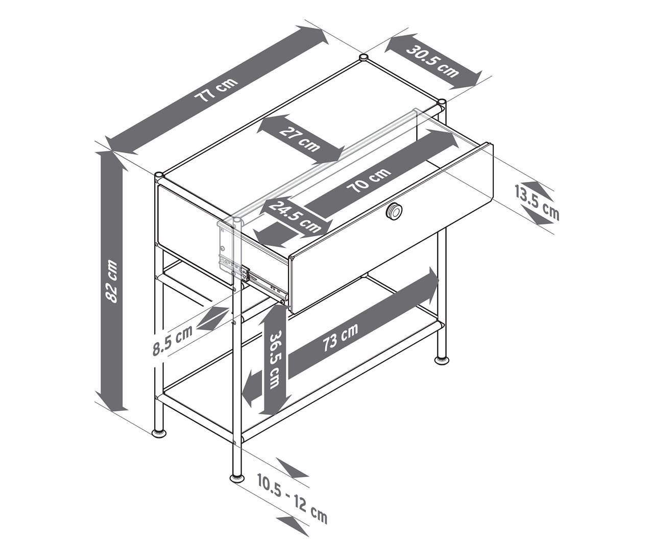 Vue de dessus d'une console métallique « CN3 Slim Line » avec tiroir et dimensions.