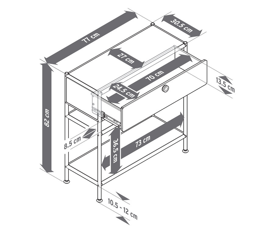 Vue de dessus d'une console métallique « CN3 Slim Line » avec tiroir et dimensions.