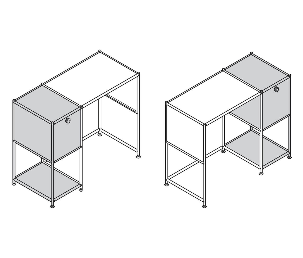 Deux représentations schématiques de bureaux avec un élément d'armoire gris.