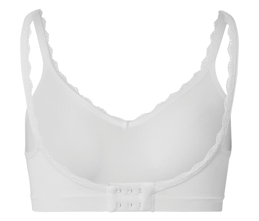 Vue arrière d'un soutien-gorge blanc avec de la dentelle sur les bretelles et le décolleté.